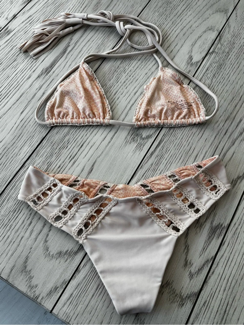 acacia swimwear Cream Crochet Triangle Bikini with Cutout Detail